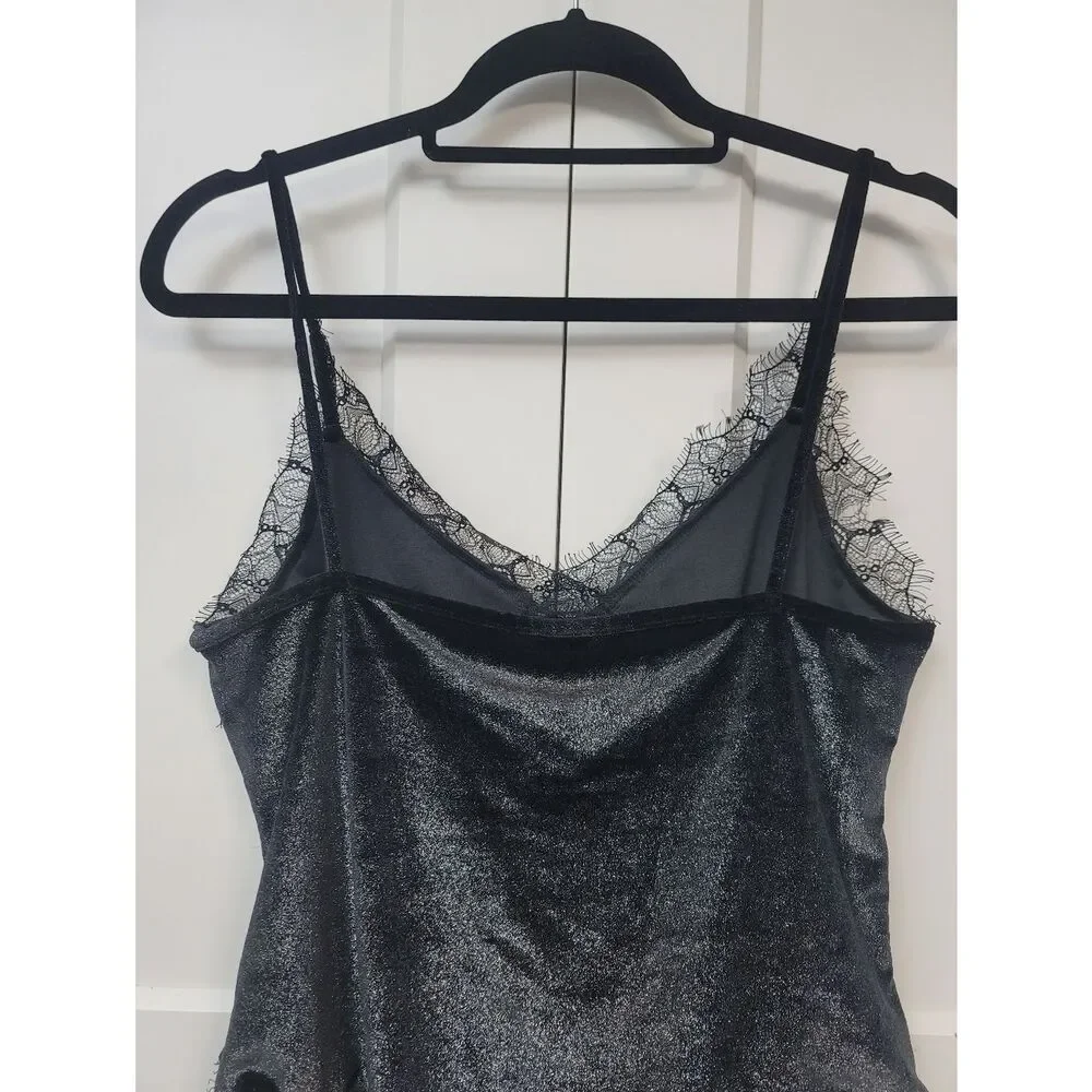 Topshop Black Shimmer Velvet & Lace Trim Bodysuit - Strappy V-Neck Size 12